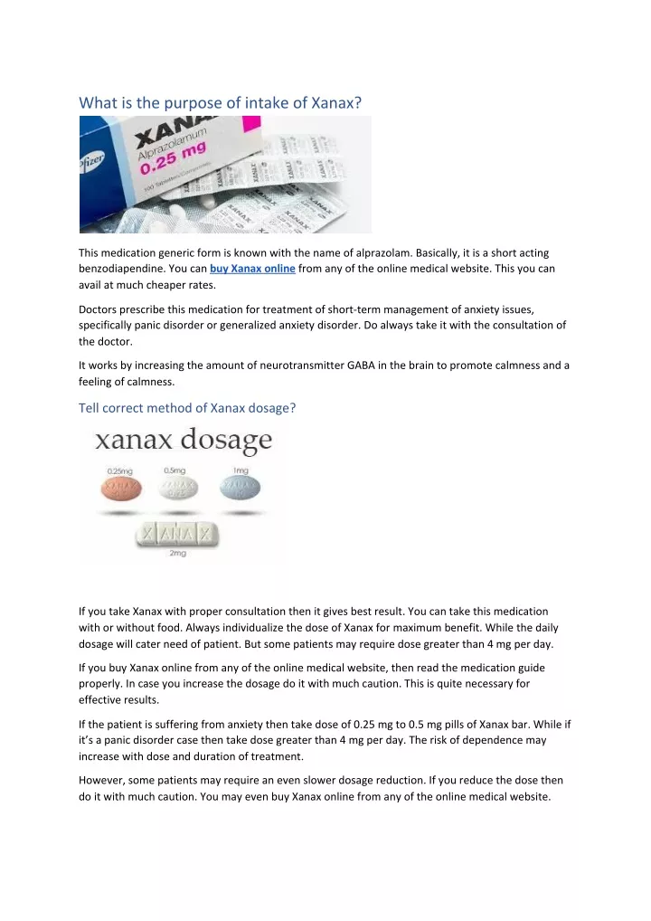 what is the purpose of intake of xanax