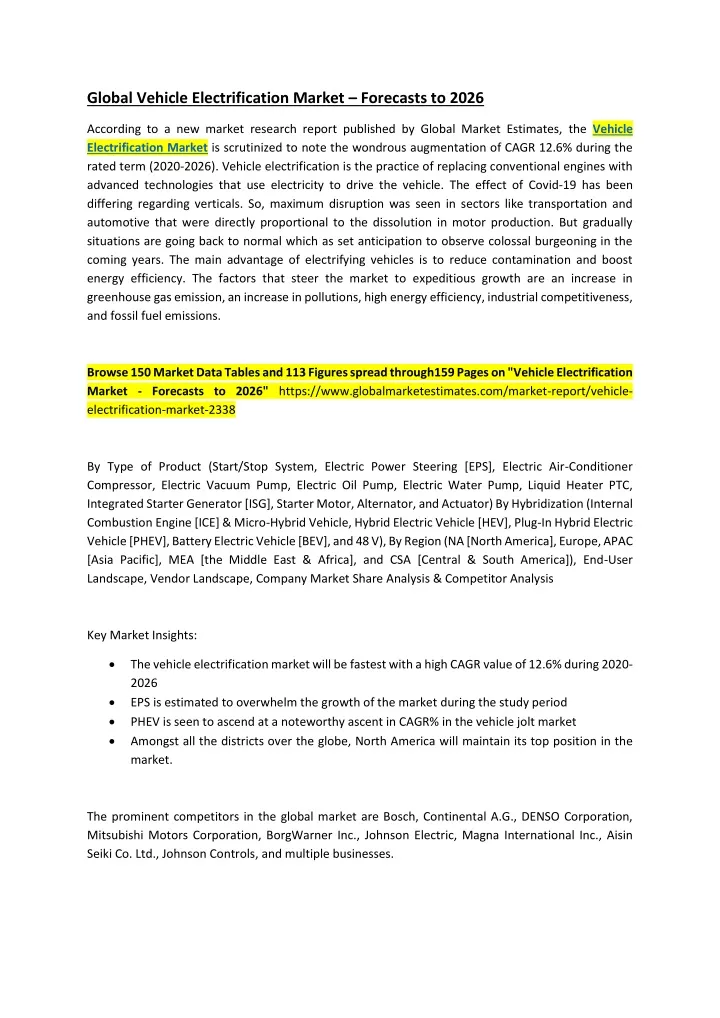 global vehicle electrification market forecasts