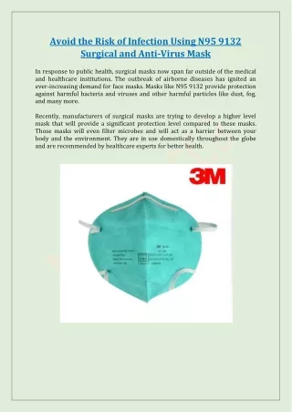 Avoid the Risk of Infection Using N95 9132 Surgical and Anti-Virus Mask