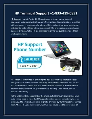 HP Technical Support Phone Number  1-833-419-0851 USA