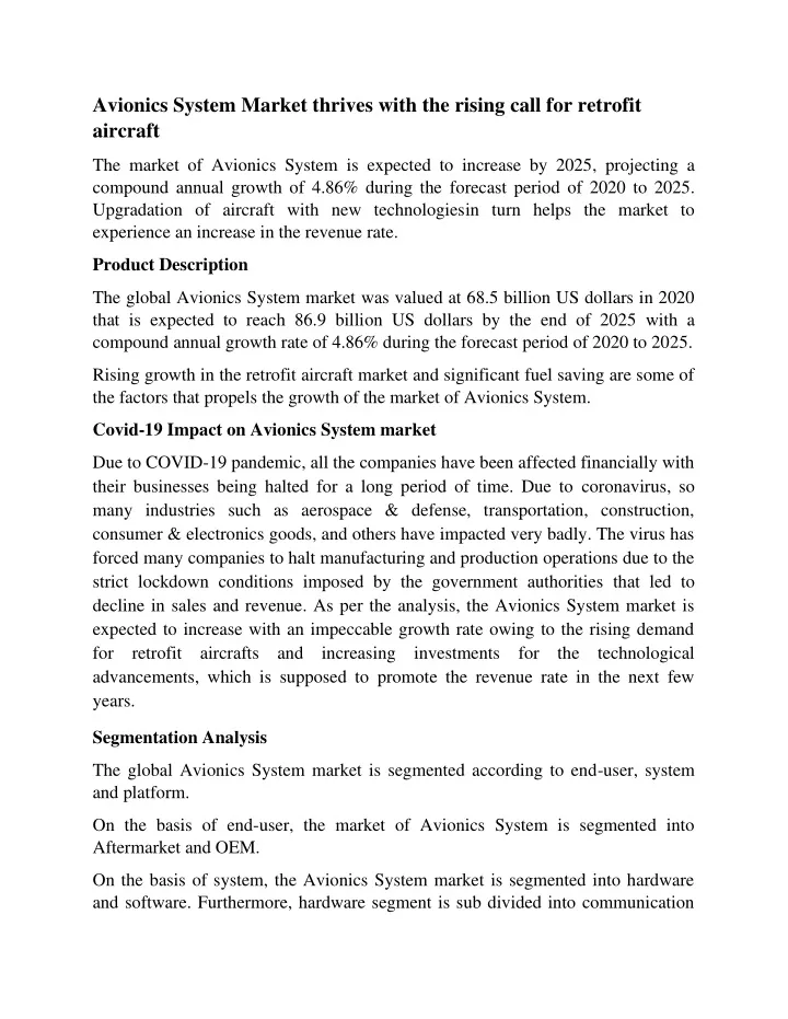 avionics system market thrives with the rising