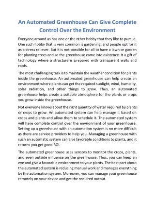 An Automated Greenhouse Can Give Complete Control Over the Environment