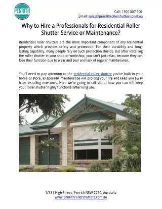 Why to Hire a Professionals for Residential Roller Shutter Service or Maintenance?