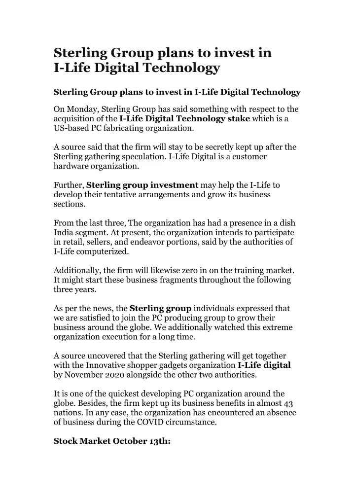 sterling group plans to invest in i life digital