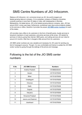 Jio SMS Center Number