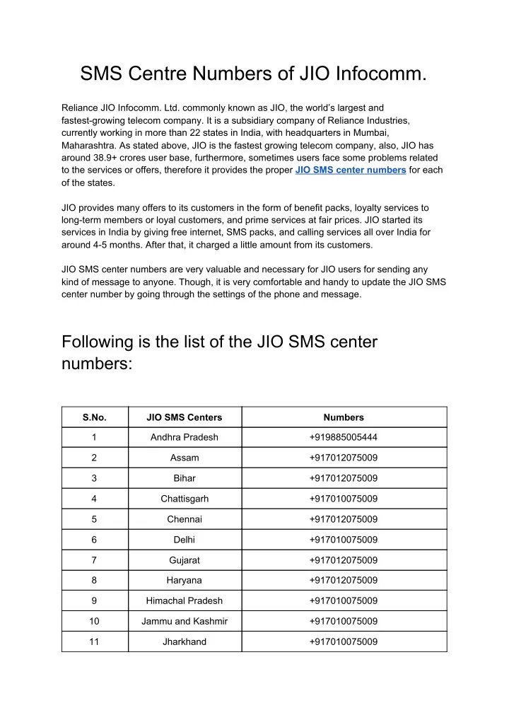 sms centre numbers of jio infocomm