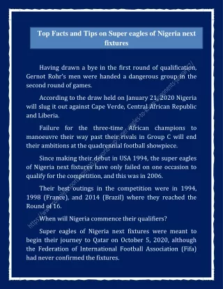 Top Facts and Tips on Super eagles of Nigeria next fixtures