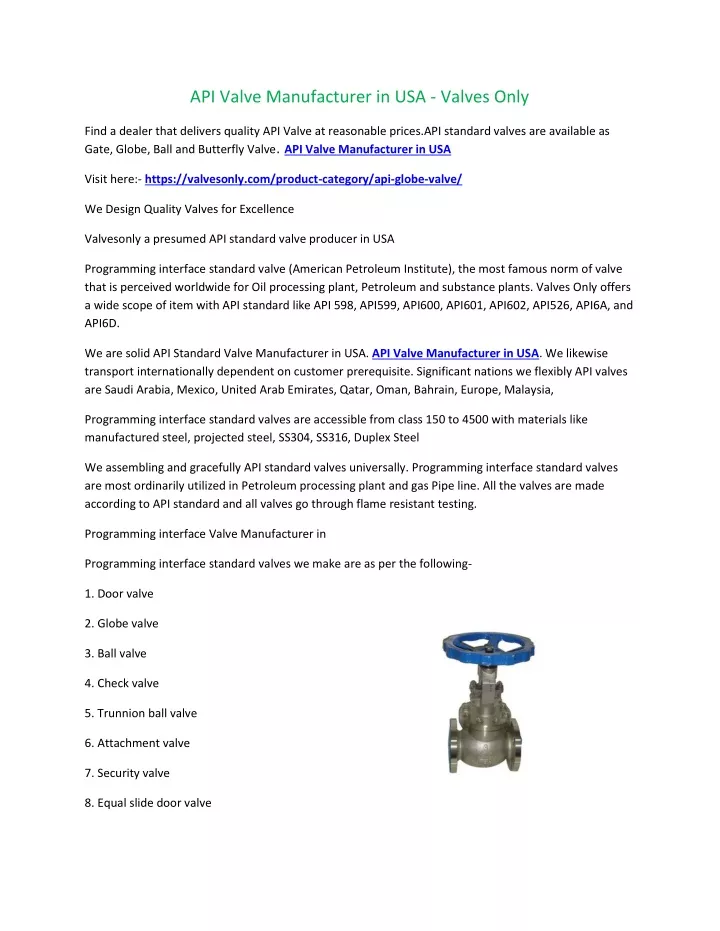 api valve manufacturer in usa valves only