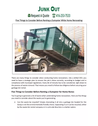 Five Things to Consider Before Renting a Dumpster While Home Renovating