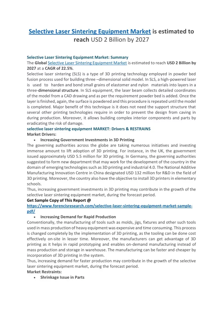 selective laser sintering equipment market