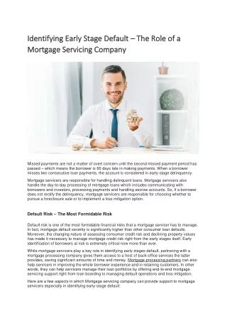 Identifying Early Stage Default – The Role of a Mortgage Servicing Company