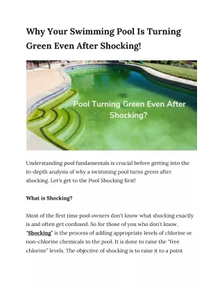 Know Why Your Swimming Pool Turning Green Even After Shocking
