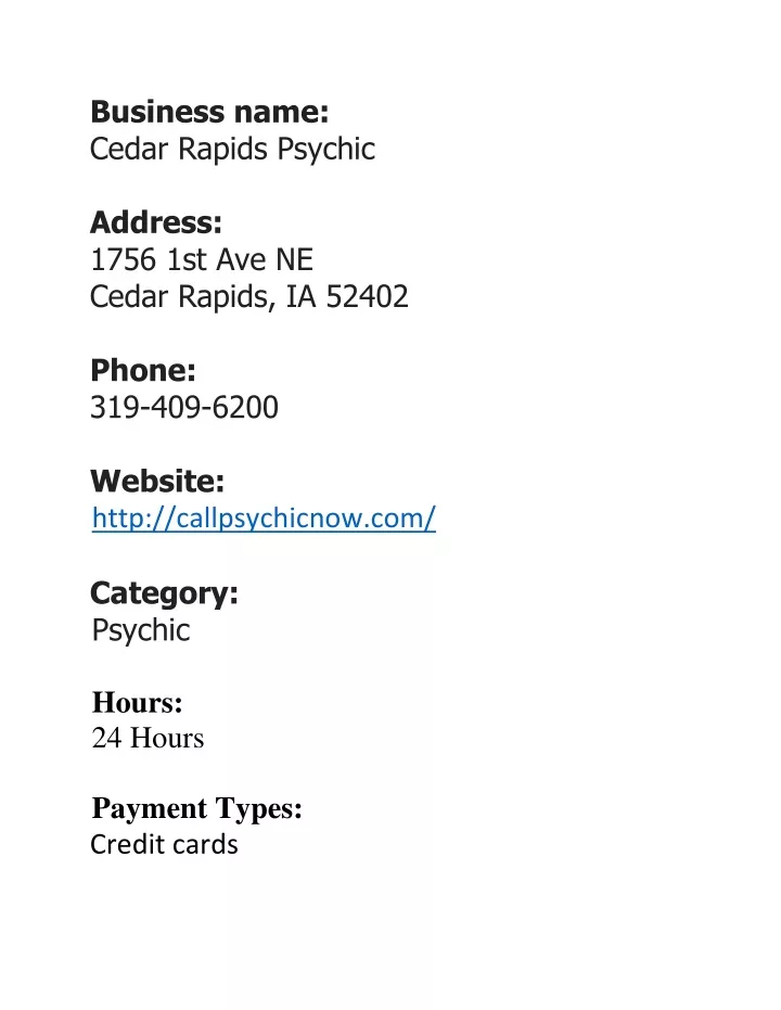 business name cedar rapids psychic address 1756