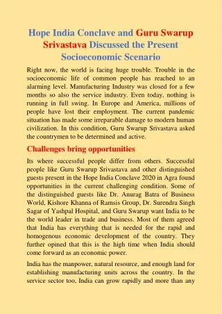 Hope India Conclave and Guru Swarup Srivastava Discussed the Present Socioeconomic Scenario