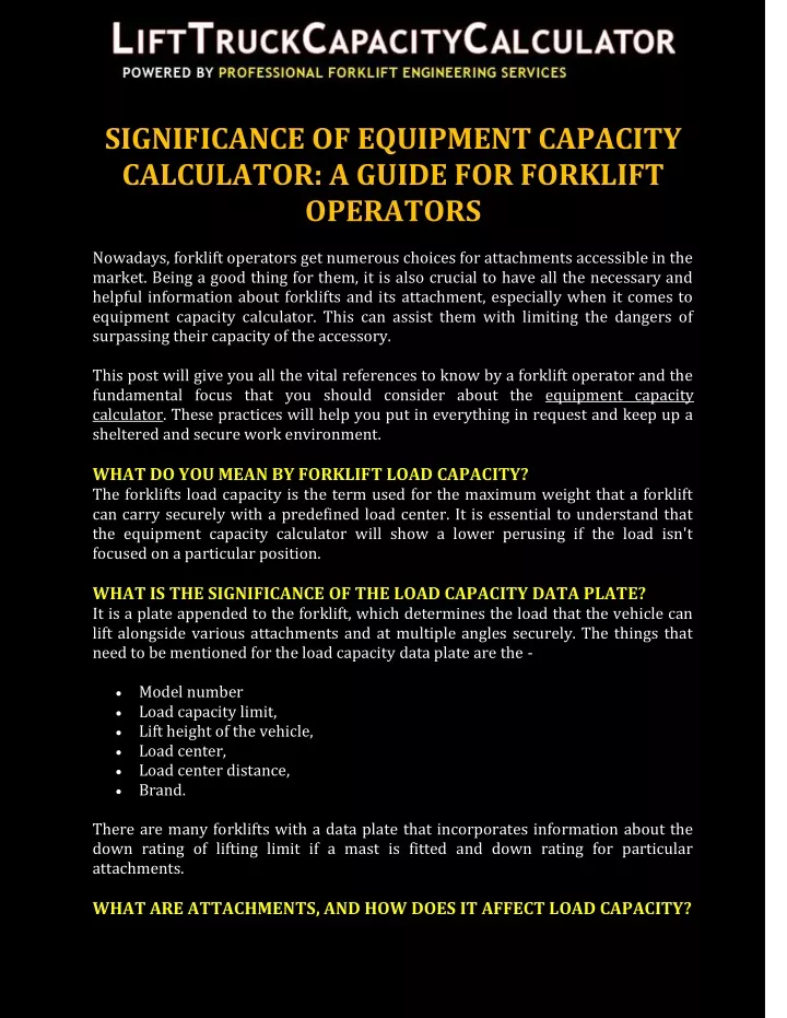 significance of equipment capacity calculator