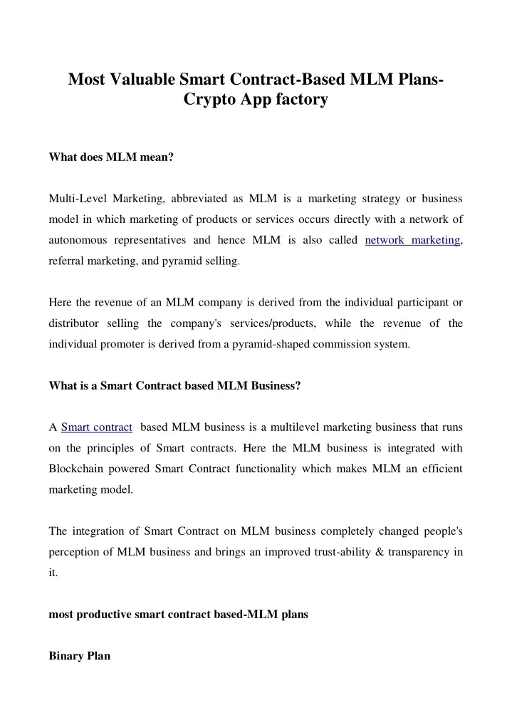 most valuable smart contract based mlm plans