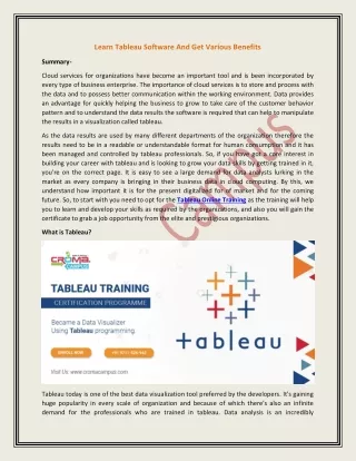 Learn Tableau Software And Get Various Benefits