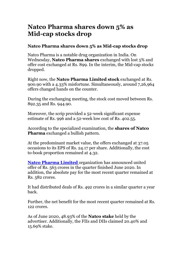 natco pharma shares down 5 as mid cap stocks drop