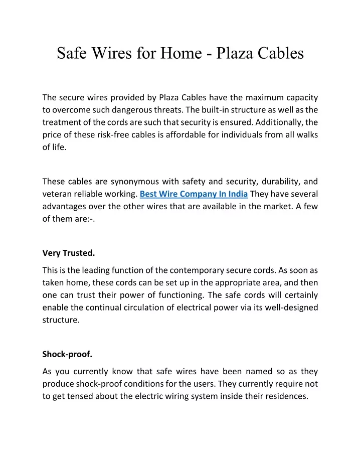 safe wires for home plaza cables