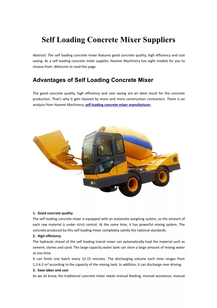 self loading concrete mixer suppliers