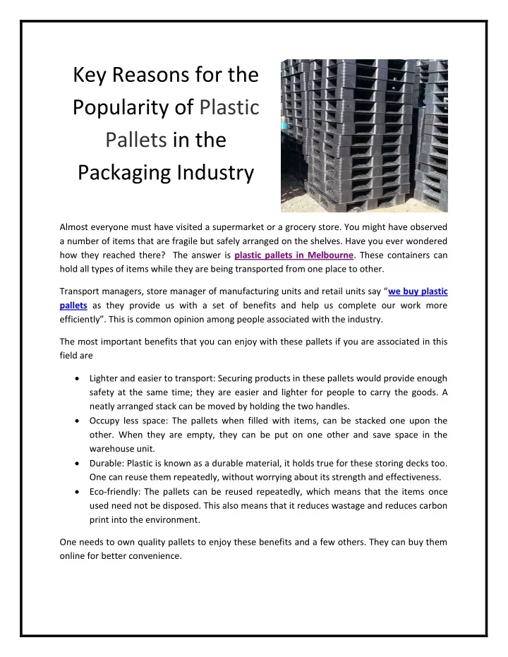 key reasons for the popularity of plastic pallets
