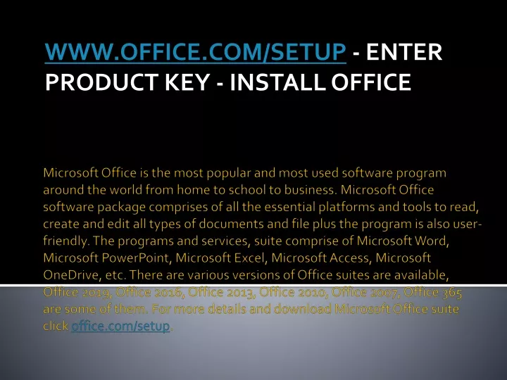 www office com setup enter product key install office