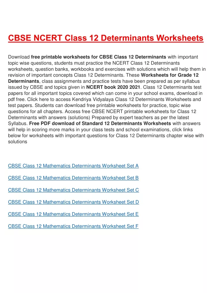 cbse ncert class 12 determinants worksheets