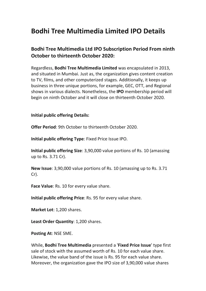 bodhi tree multimedia limited ipo details