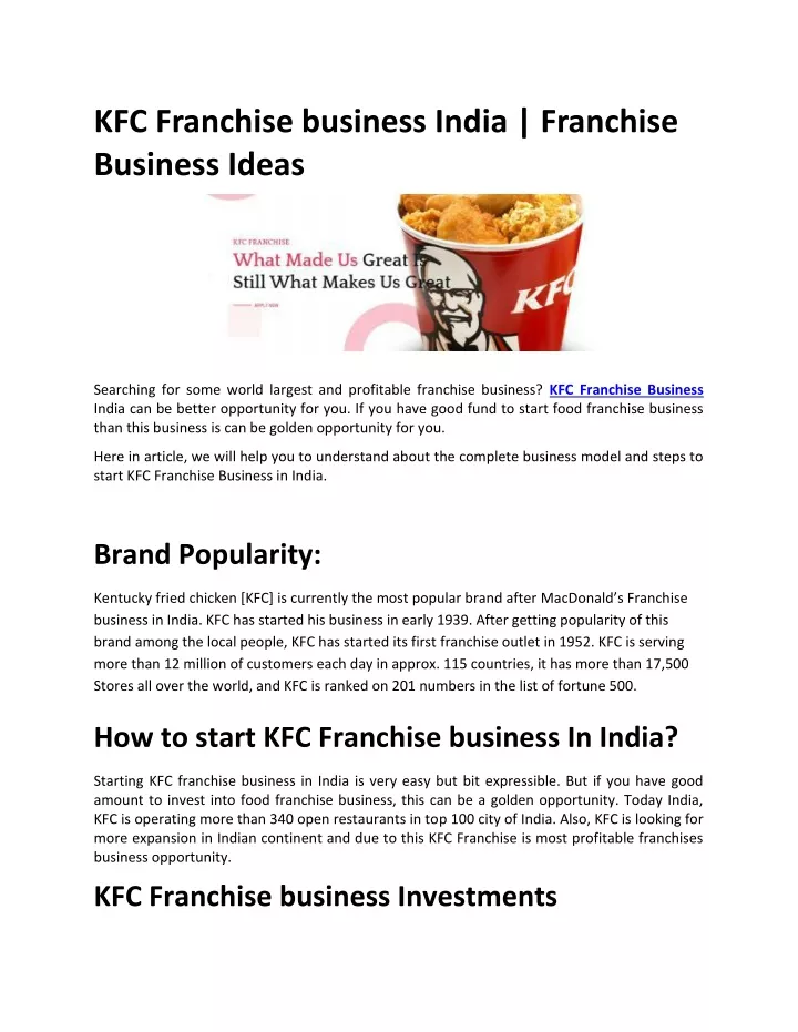 kfc franchise business india franchise business
