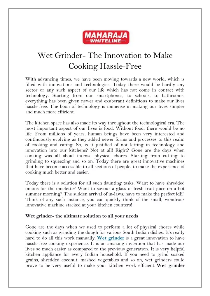 wet grinder the innovation to make cooking hassle
