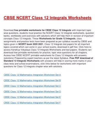 cbse ncert class 12 integrals worksheets