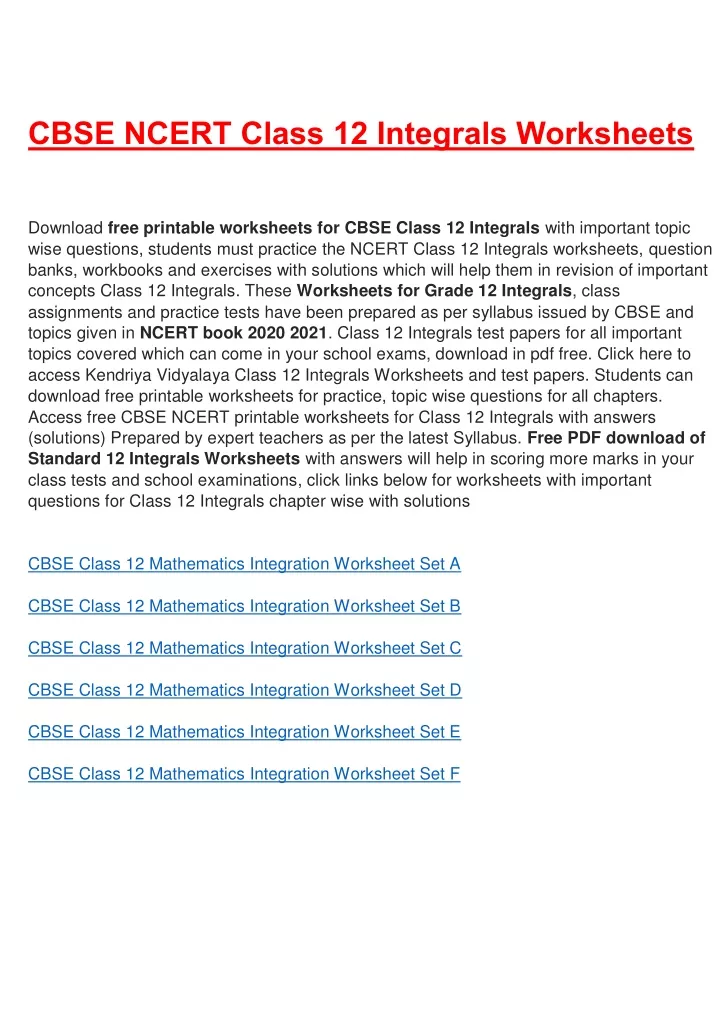 cbse ncert class 12 integrals worksheets