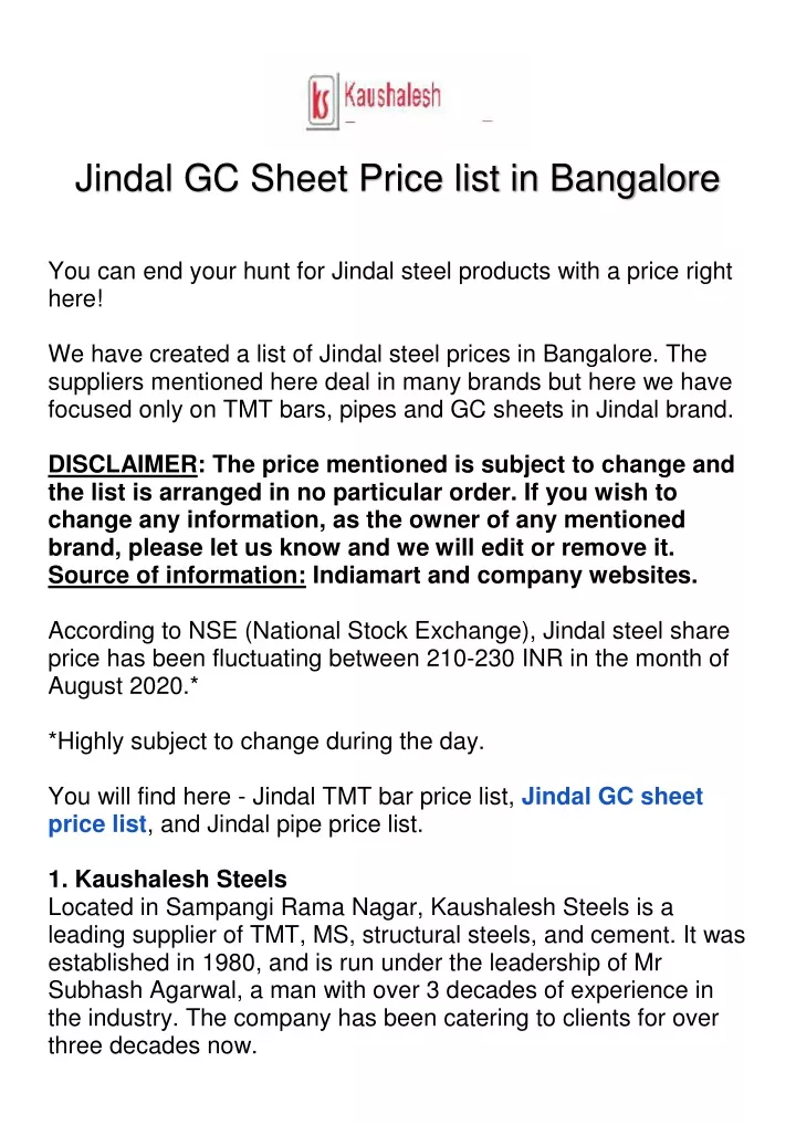 jindal gc sheet price list in bangalore