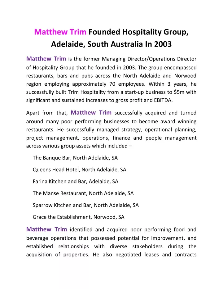matthew trim founded hospitality group adelaide