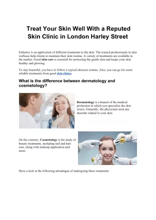 Treat Your Skin Well With a Reputed Skin Clinic in London Harley Street