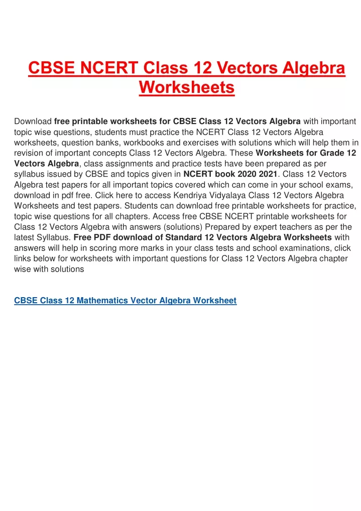 cbse ncert class 12 vectors algebra worksheets