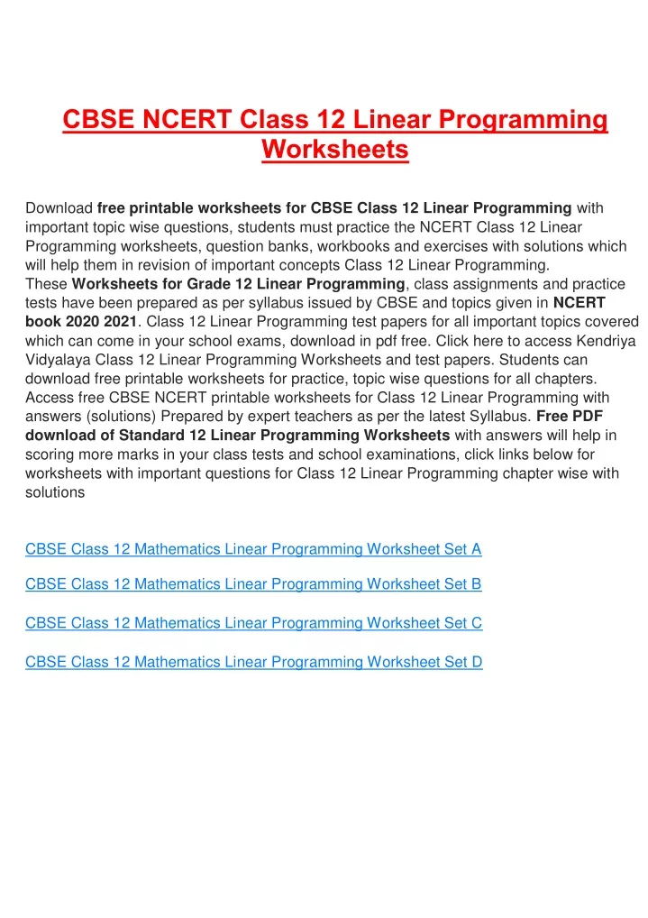 cbse ncert class 12 linear programming worksheets