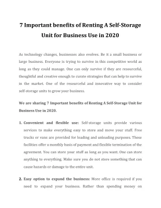 7 Important benefits of Renting A Self-Storage Unit for Business Use in 2020