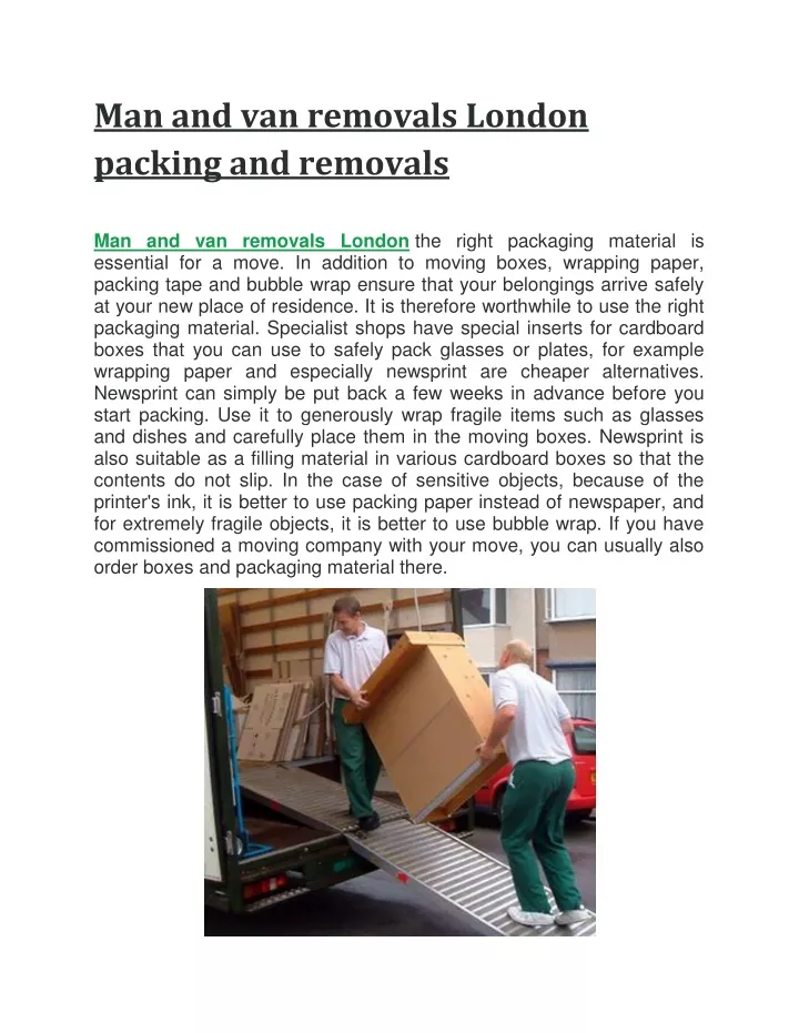 man and van removals london packing and removals
