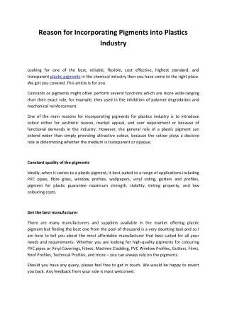 reason for incorporating pigments into plastics