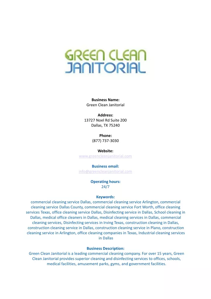 business name green clean janitorial address