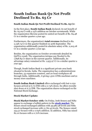 South Indian Bank Q2 Net Profit Declined To Rs. 65 Cr