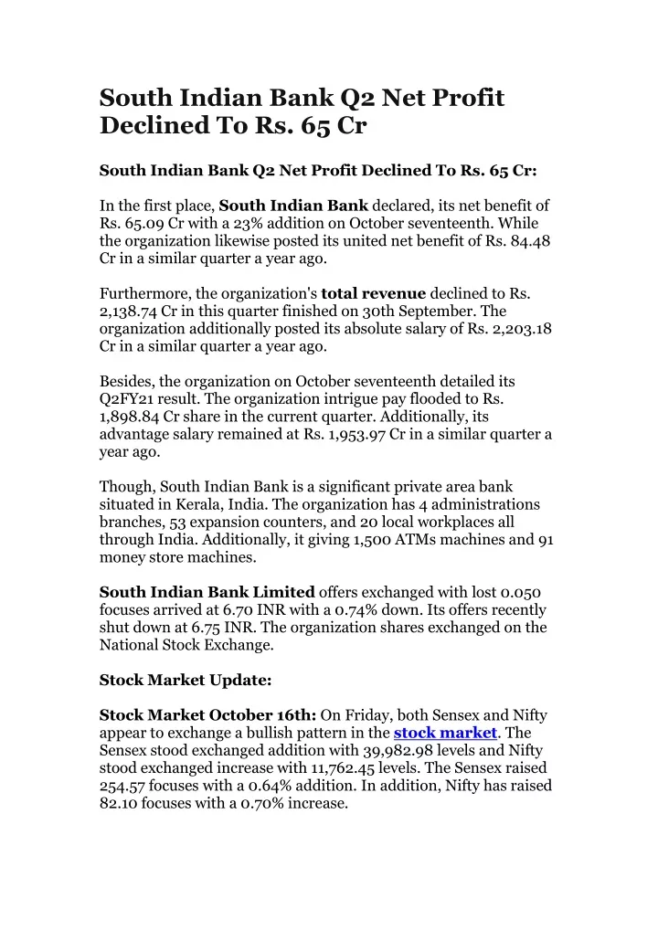 south indian bank q2 net profit declined