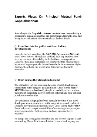 Experts Views On Principal Mutual Fund- Gopalakrishnan