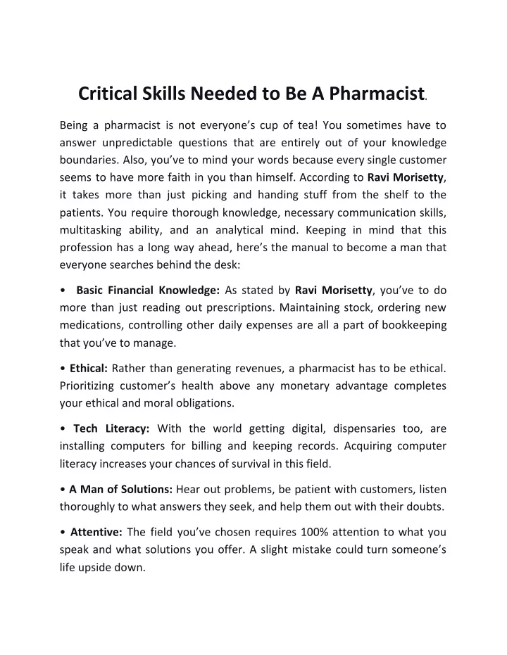 critical skills needed to be a pharmacist