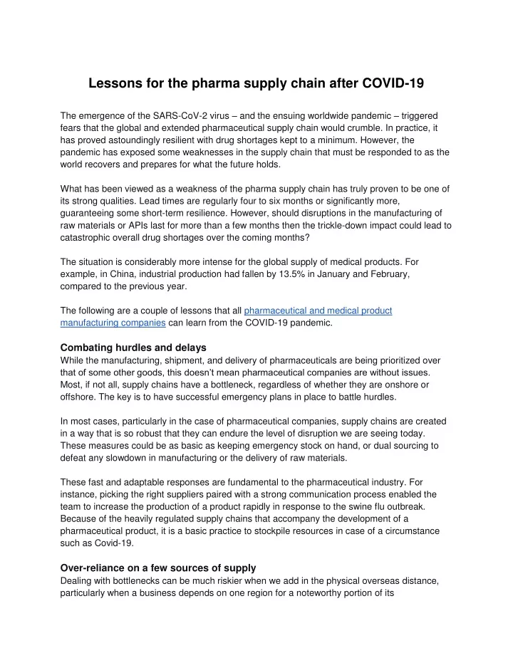 lessons for the pharma supply chain after covid 19