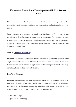 Ethereum Blockchain Development-MLM software chennai