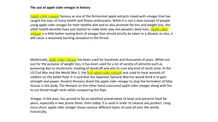 the use of apple cider vinegar in history apple