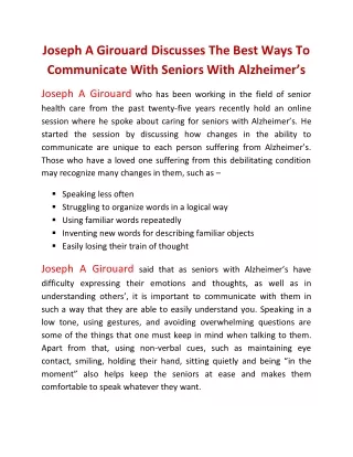 Joseph A Girouard Discusses The Best Ways To Communicate With Seniors With Alzheimer’s