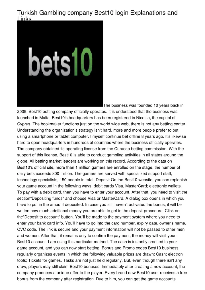 turkish gambling company best10 login